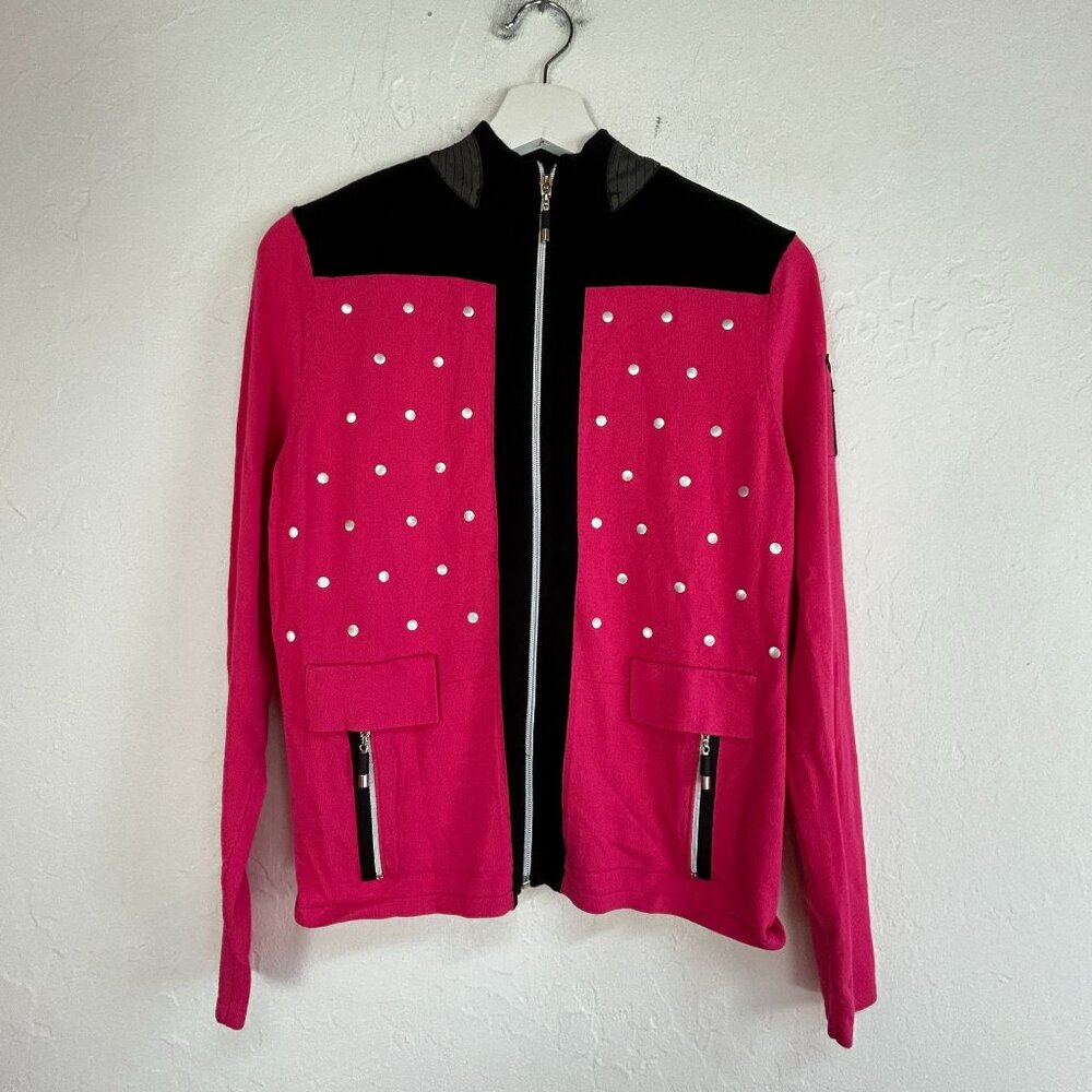 Jamie Sadock Womens Pink & Black Polka Dot Mock Zip-Up Jacket Small Lightweight